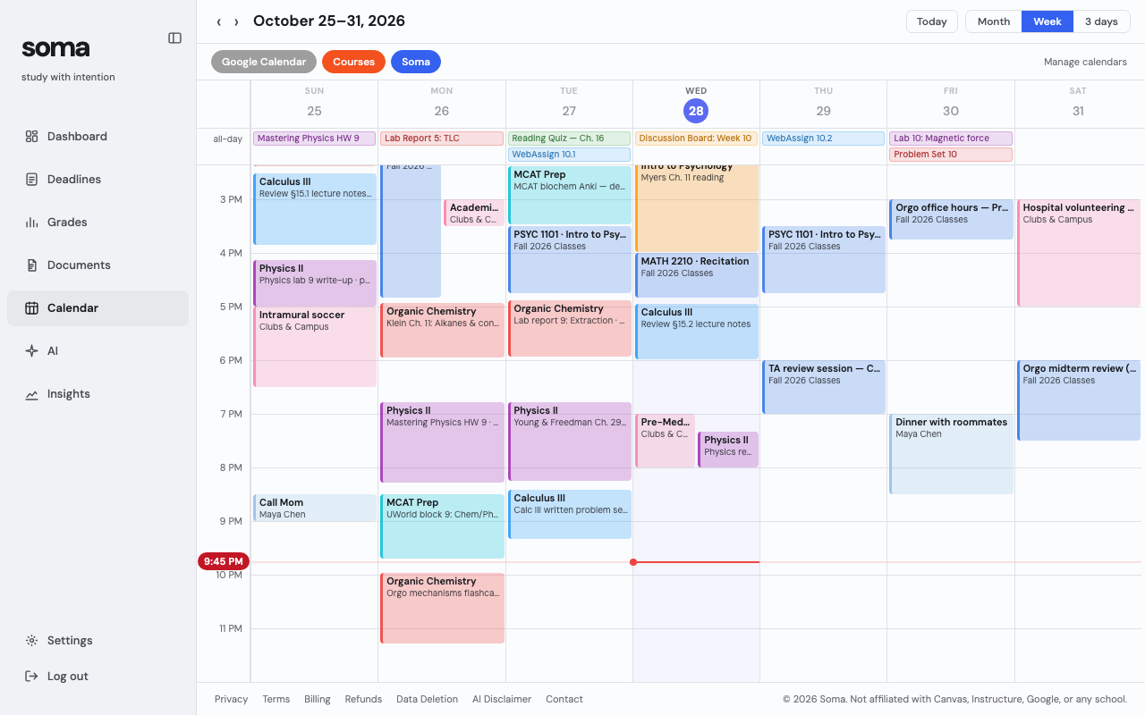Soma's week calendar with study time color-coded by course next to classes and events