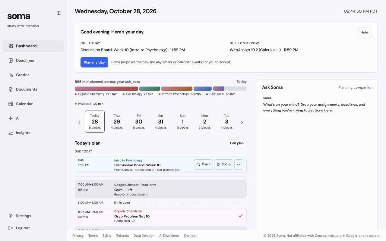 Soma's dashboard showing what's due, today's plan and minutes planned per course